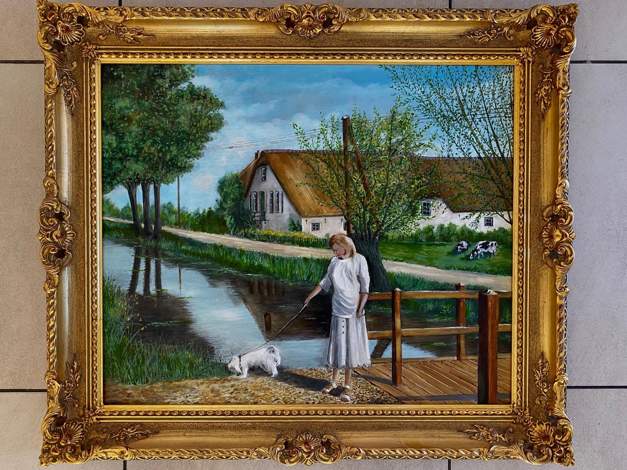 VROUW LAAT HOND UIT OP LANDELIJKE WEG, olieverf op doek, in kostbare klassieke lijst, 2018, 75x65, €795,- 