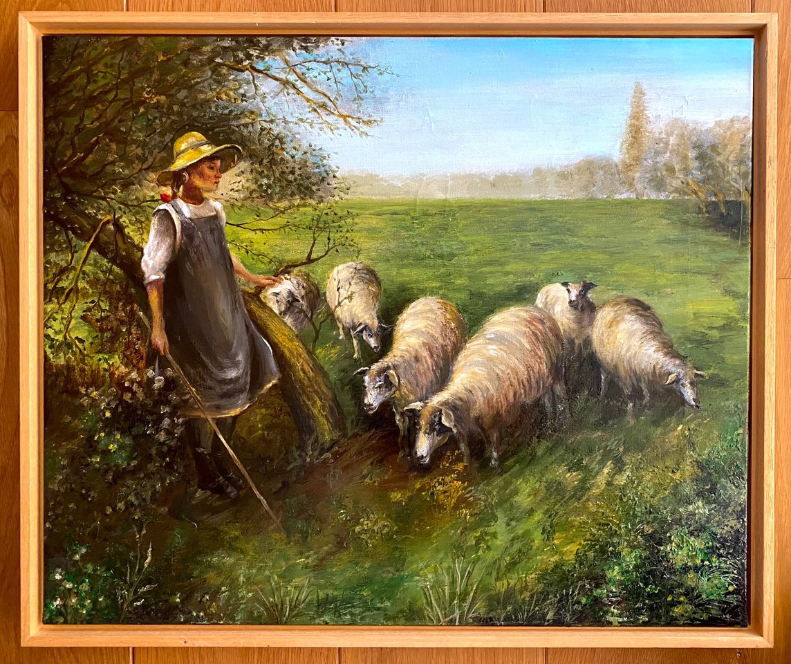HERDERIN MET SCHAPEN, olieverf op doek, in houten baklijst, 2020, 63x53: €480,- 