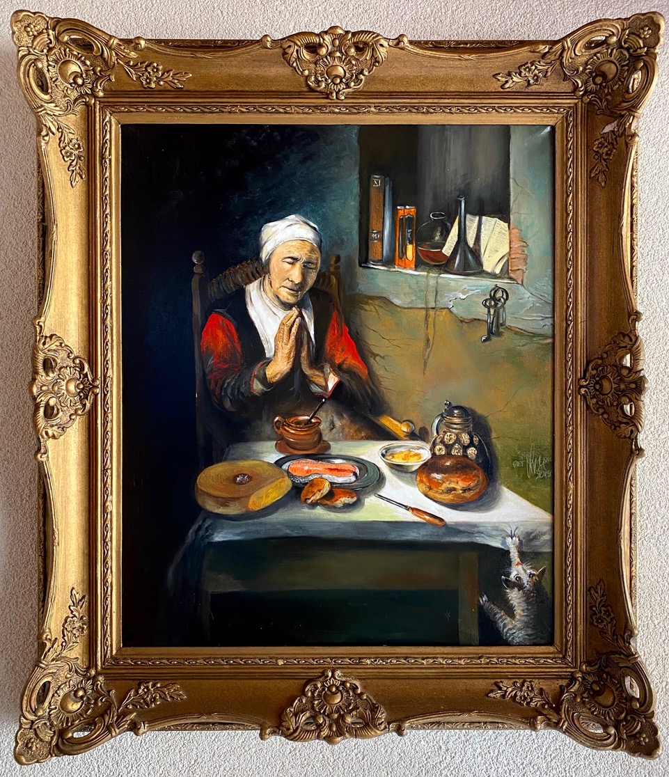 BIDDEND VROUWTJE, olieverf op doek, in zwaar klassieke lijst, 2019, 70x80: €690, =